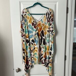 Anthropologie Brown Black Bright Color Print Swim Coverup with beaded detail